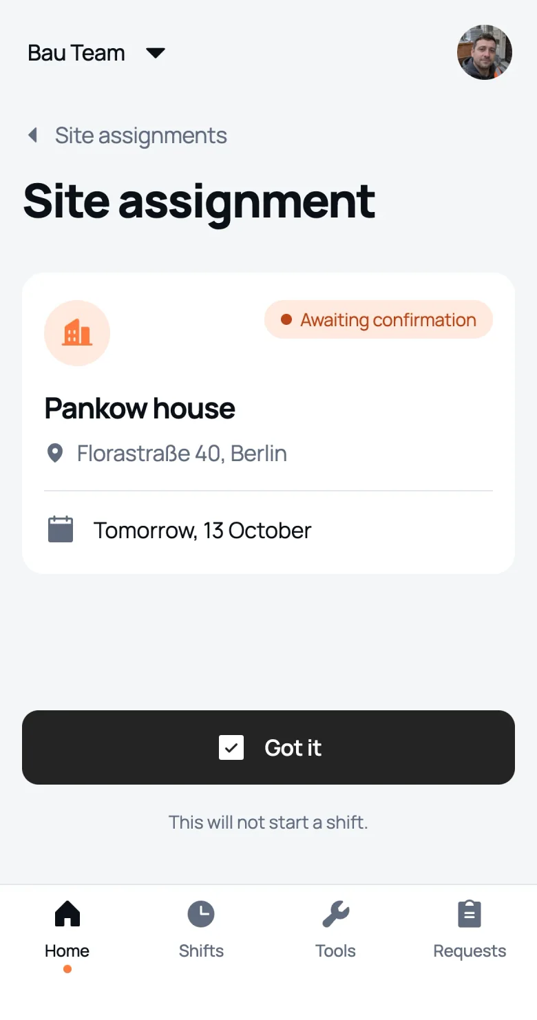 A site assignment as the worker sees it: date, site and the “Seen” button
