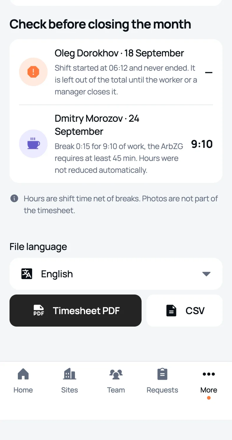 The “Check before the month closes” section of a We Do timesheet: an unfinished shift, a short break and a shift closed by a manager