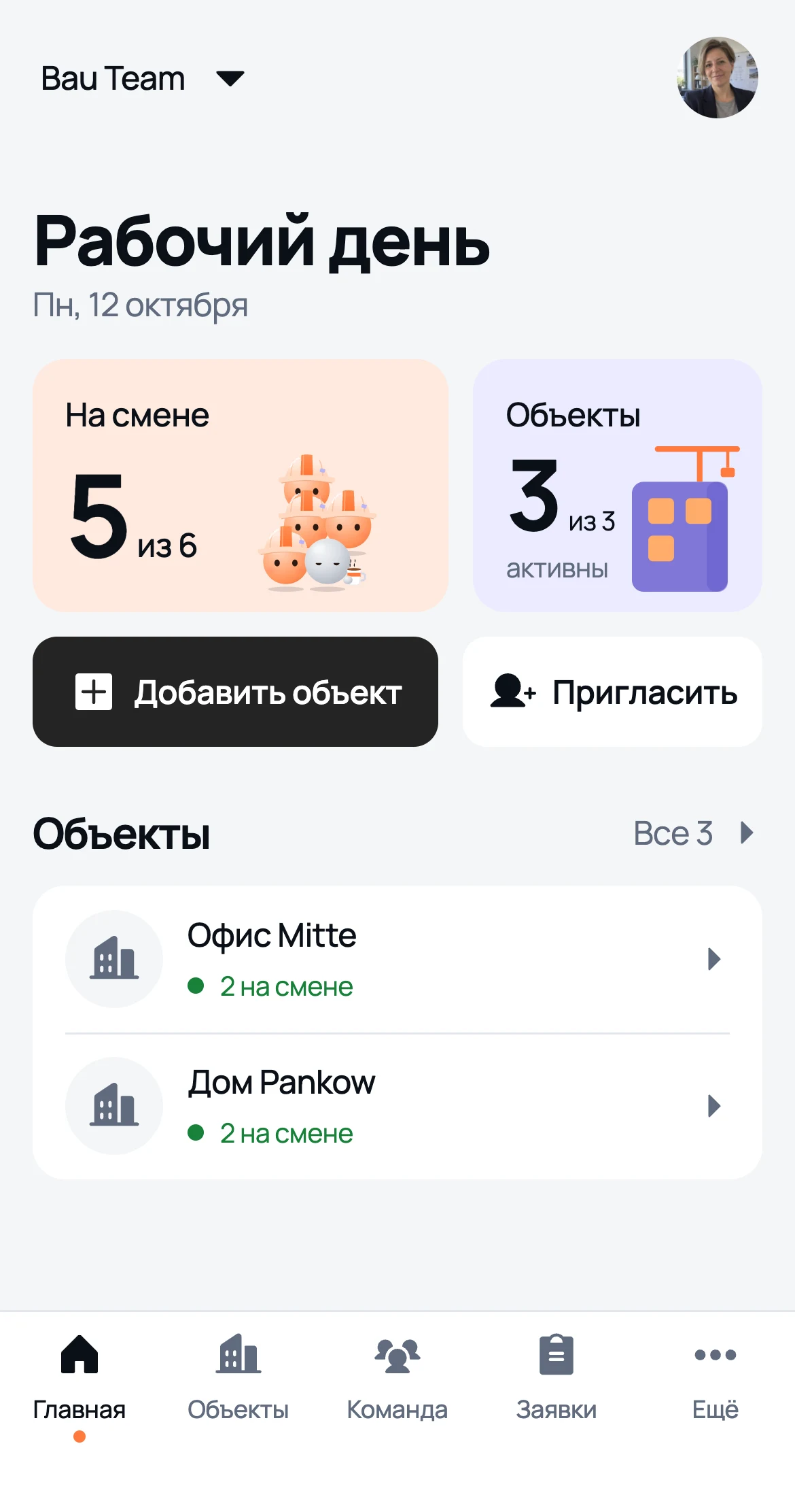Главный экран руководителя в We Do: на смене 5 из 6, активные объекты и сколько людей на каждом