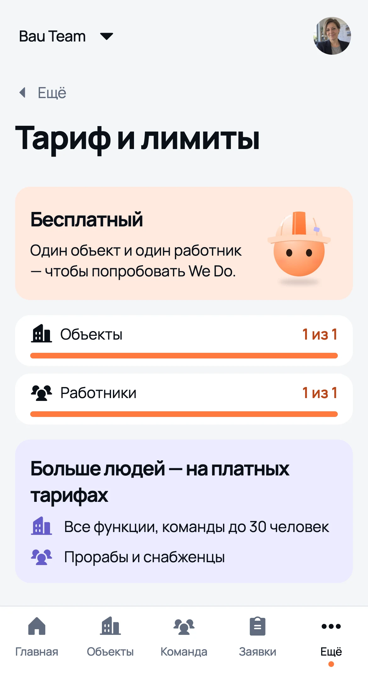 «Тариф и лимиты» на Free: занят 1 объект из 1 и 1 работник из 1