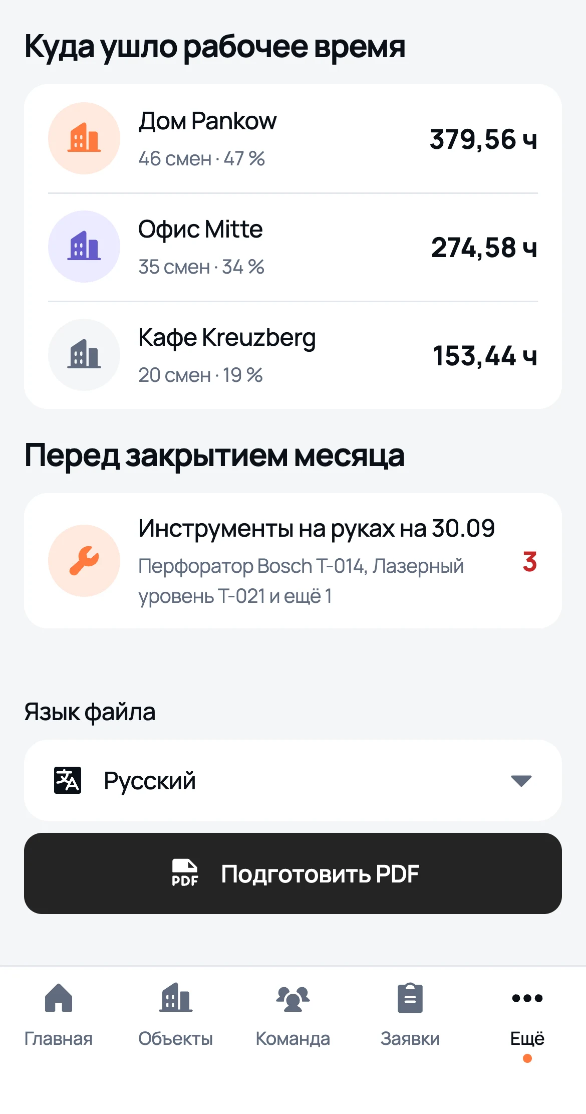 Отчёт компании в We Do: часы по объектам и что проверить перед закрытием месяца