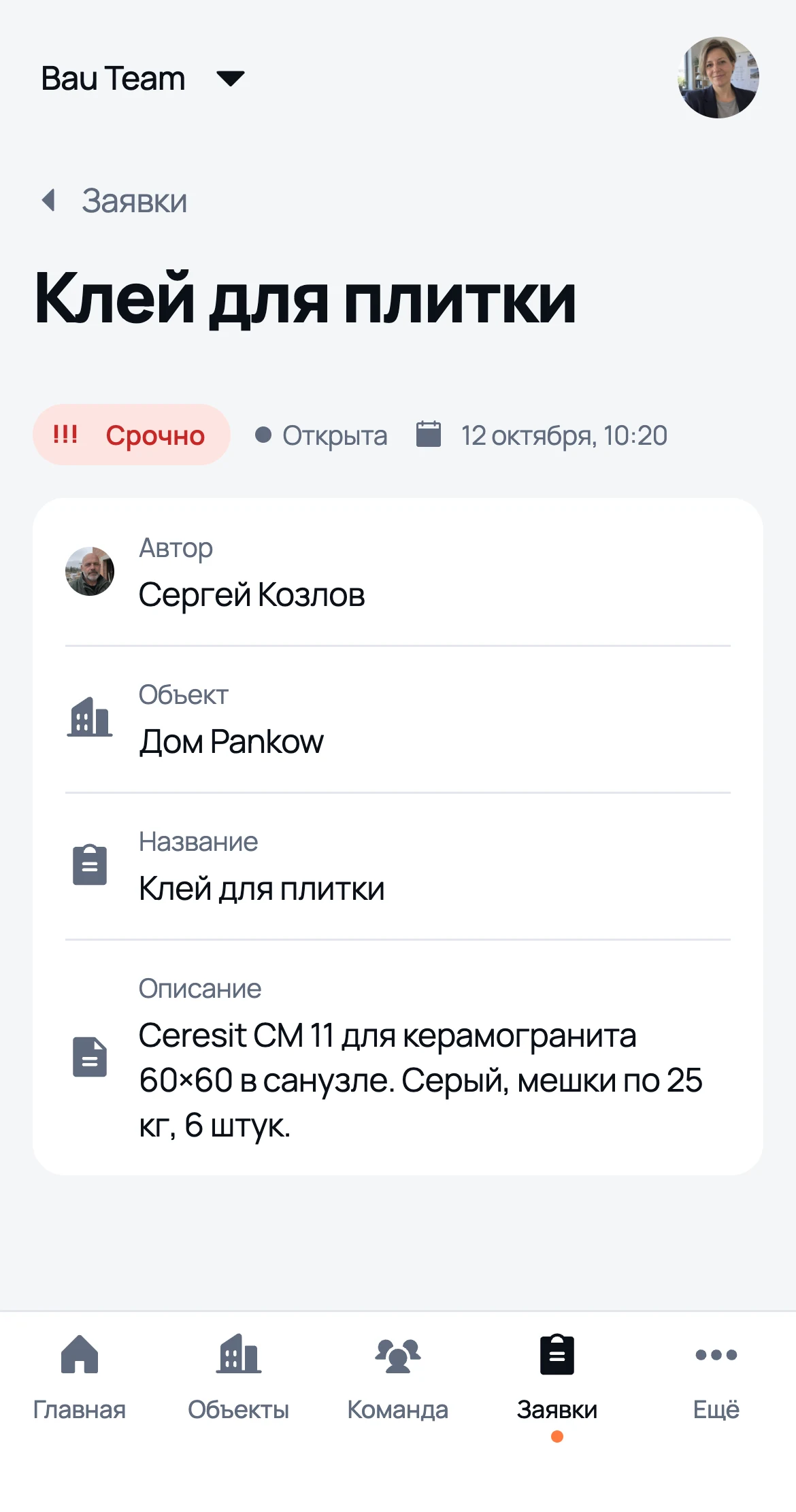 Срочная заявка на клей для плитки глазами руководителя: статус, автор, объект, описание и кнопка «Изменить статус»