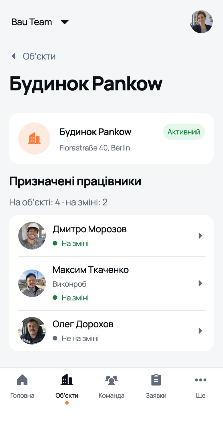 Картка обʼєкта Будинок Pankow у We Do: адреса, призначені працівники й хто зараз на зміні