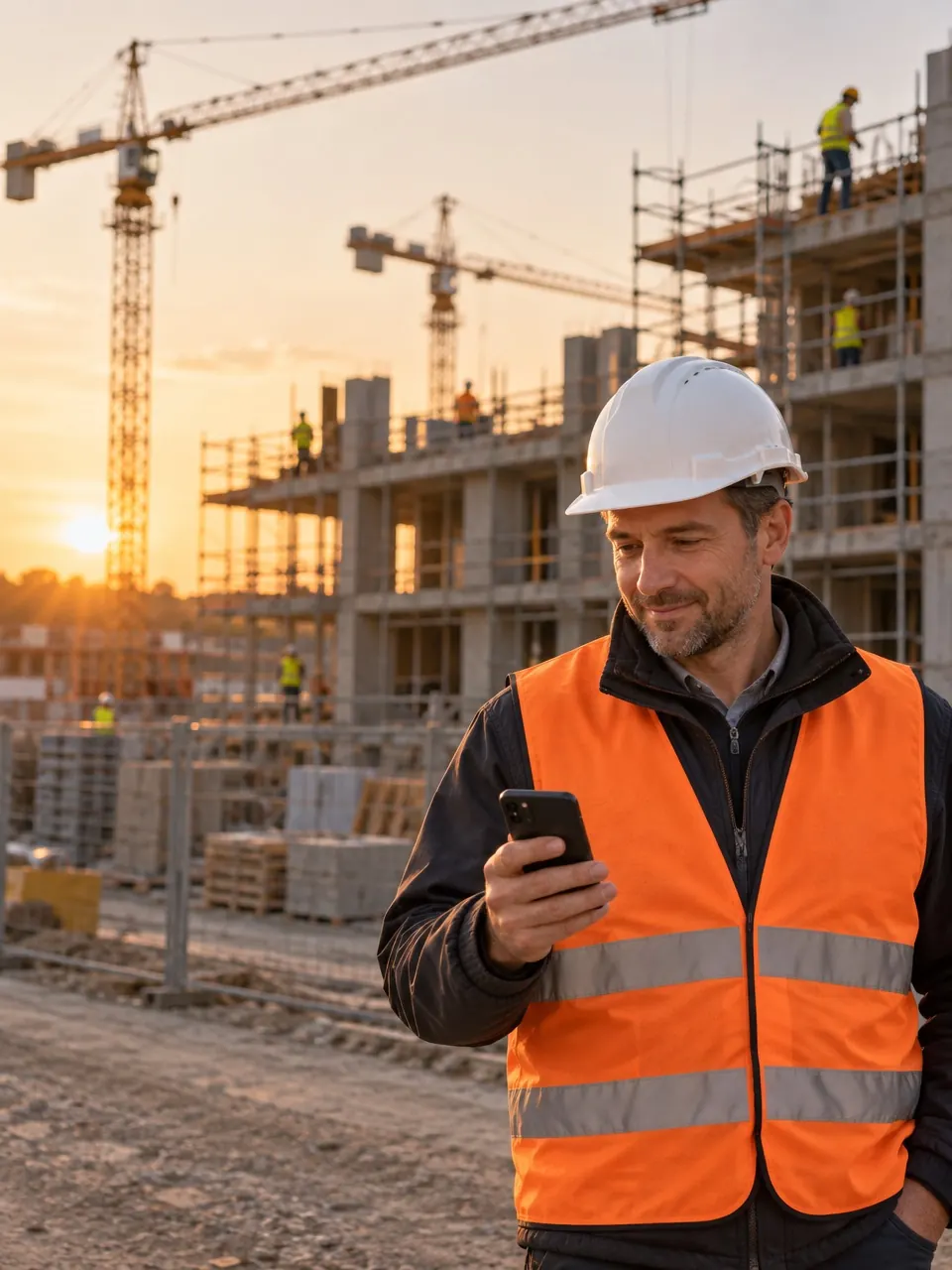 A large site manager looking at a phone, behind him a building going up, cranes and crews